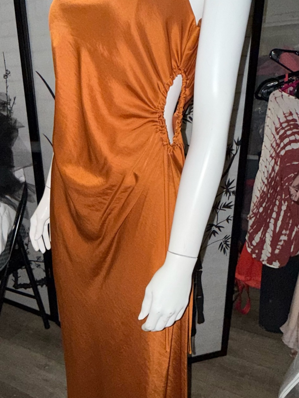 Sans Souci Orange Asymmetrical Satin Cutout Dress